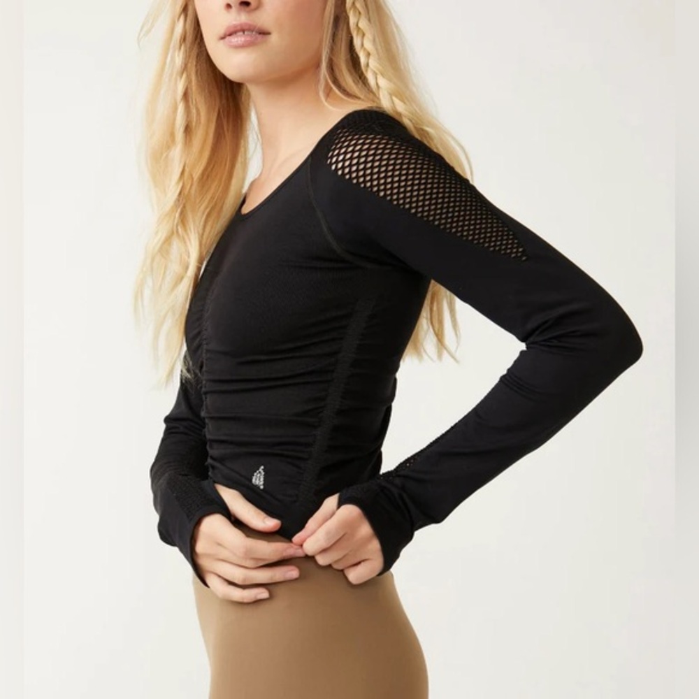 FP MOVEMENT On The Rise Long-Sleeve Layer Top NWT Black Mesh